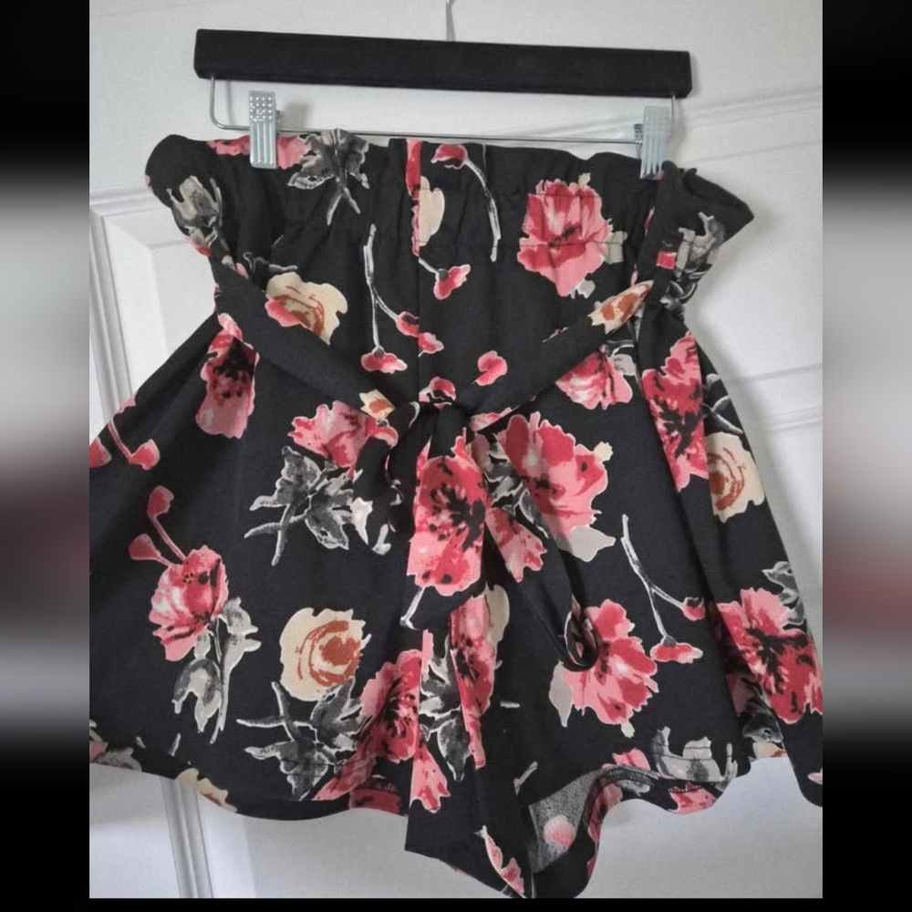 Black Floral Paperbag Waist Skirt with Tie